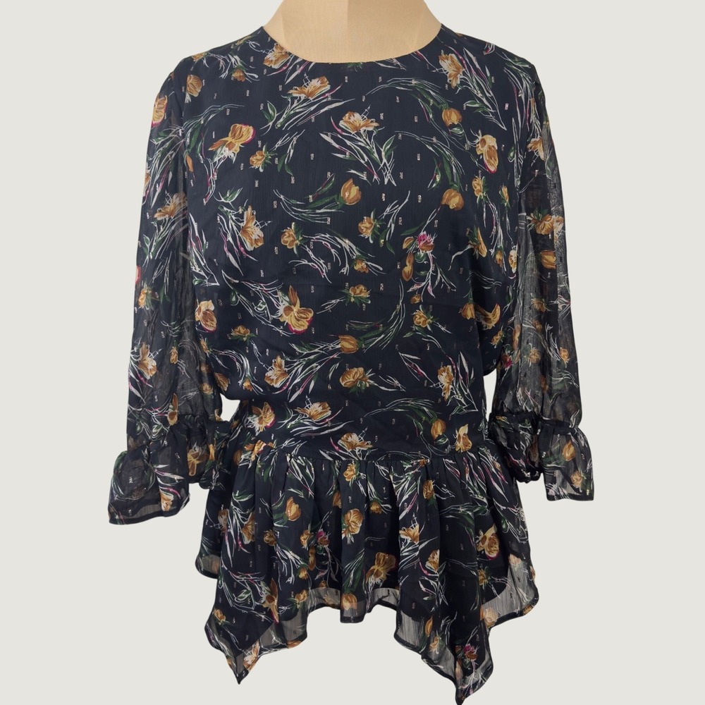 3322 | Metallic Floral Ruffle Peplum Blouse Navy Orange Boho Romantic Women M
